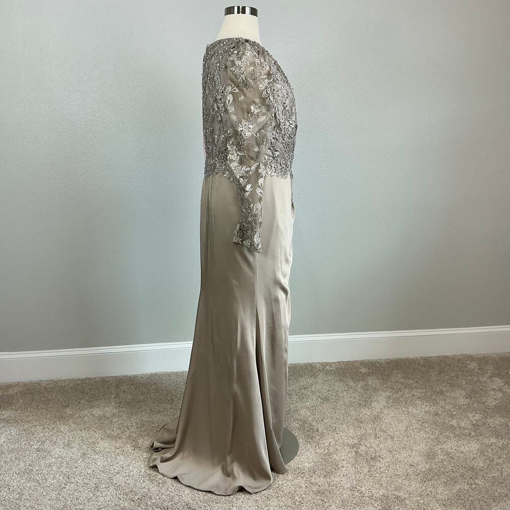 Mac Duggal 20346 Taupe Evening Gown Beaded Long Sleeve A-Line Dress Size 18 - Picture 4 of 12